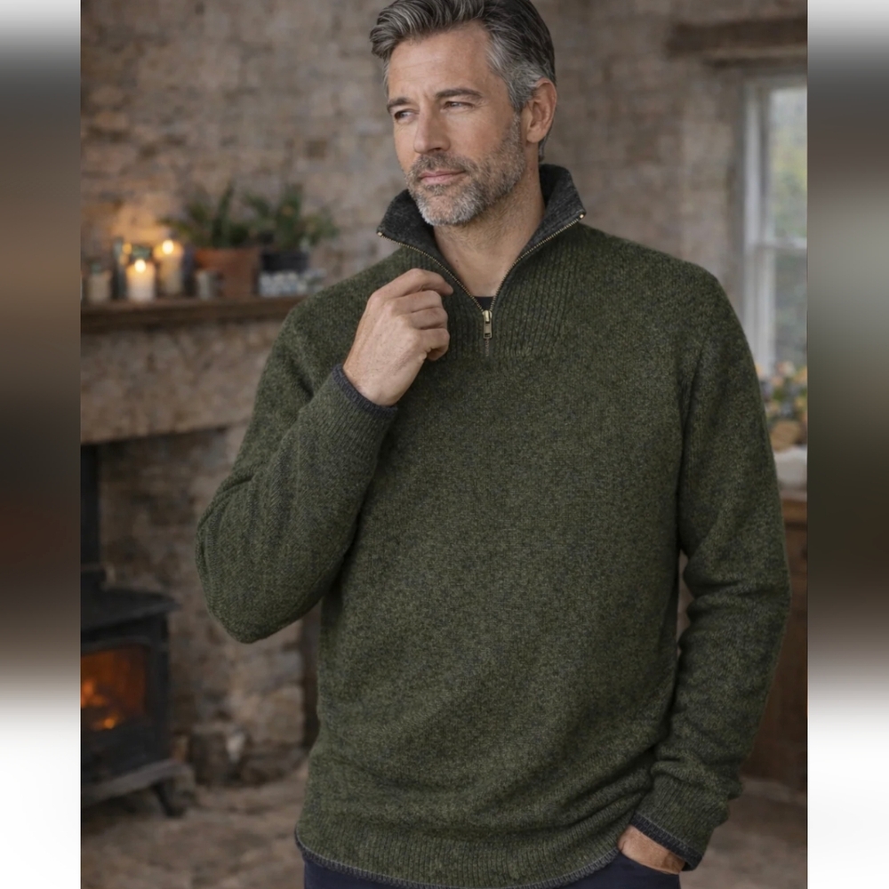 Irelandseye 100% Lambswool Men's Large Green/Gray Quarter-Zip Sweater
